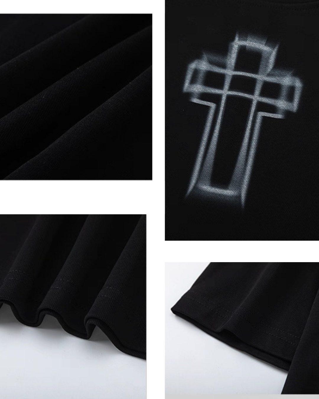 黒のリブニット素材Tシャツ。背面にシルバーの立体クロス刺繍デザイン。リブ編みの袖口と裾。