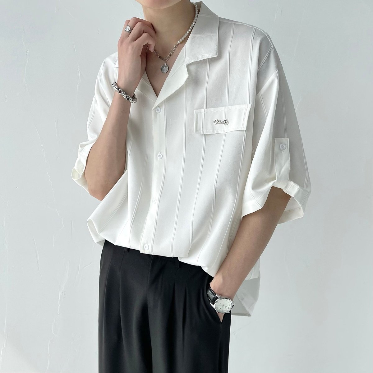 MODEFREAKのワンポイントストライプルーズシャツ mf1804の画像