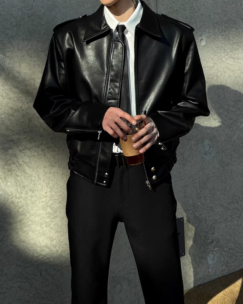 ショートラペルモードレザージャケット mf3659【韓国モードファッション】