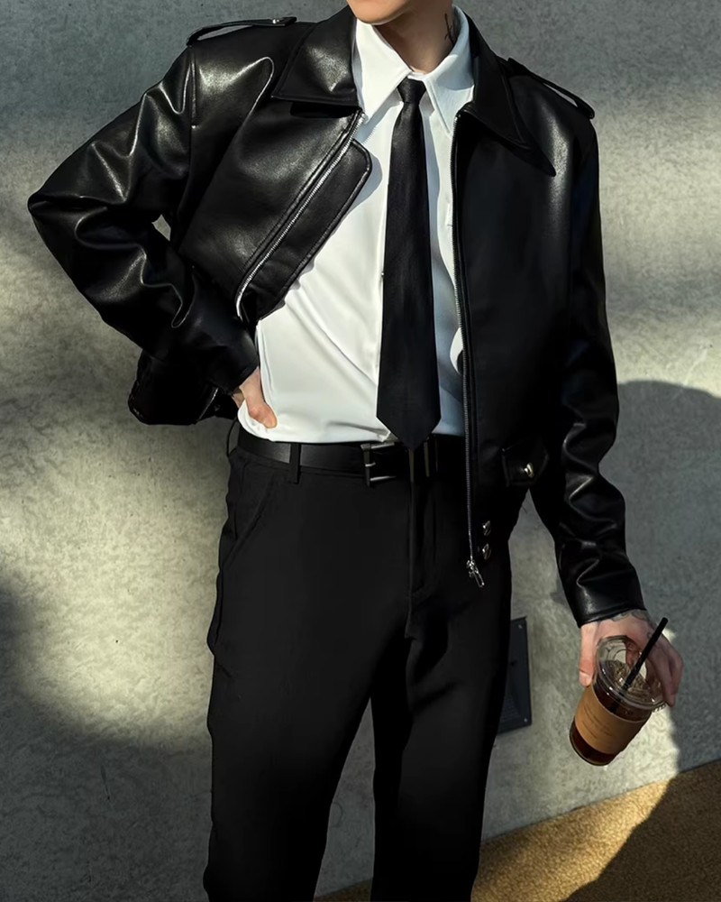 ショートラペルモードレザージャケット mf3659【韓国モードファッション】