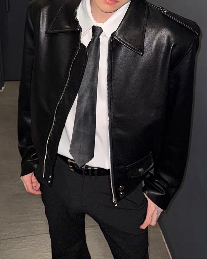 ショートラペルモードレザージャケット mf3659【韓国モードファッション】