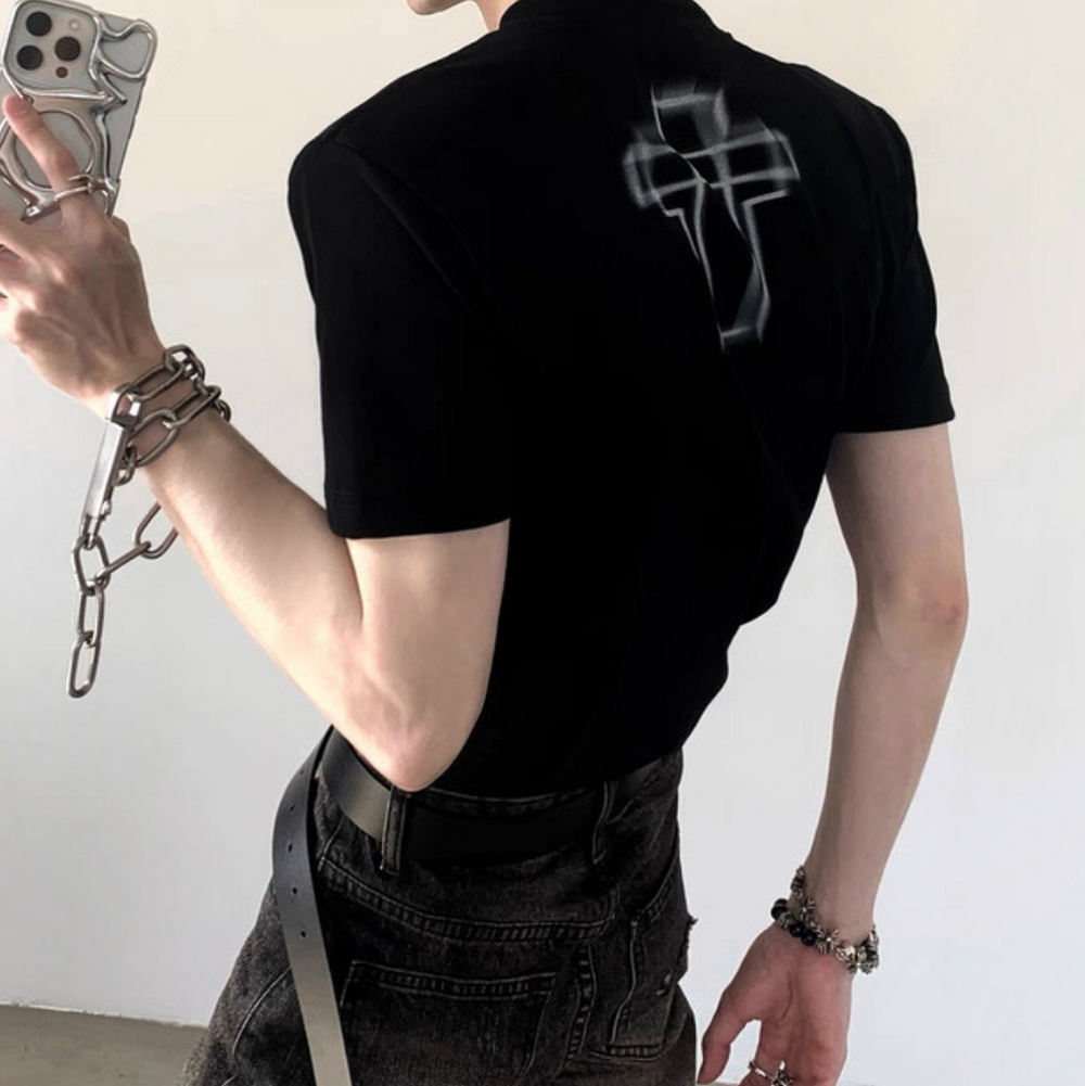 m.u バッククロスデザイン 半袖Tシャツ ブラック JAPONESS バッククロスニュアンスTシャツ mf3701【韓国モードファッション】