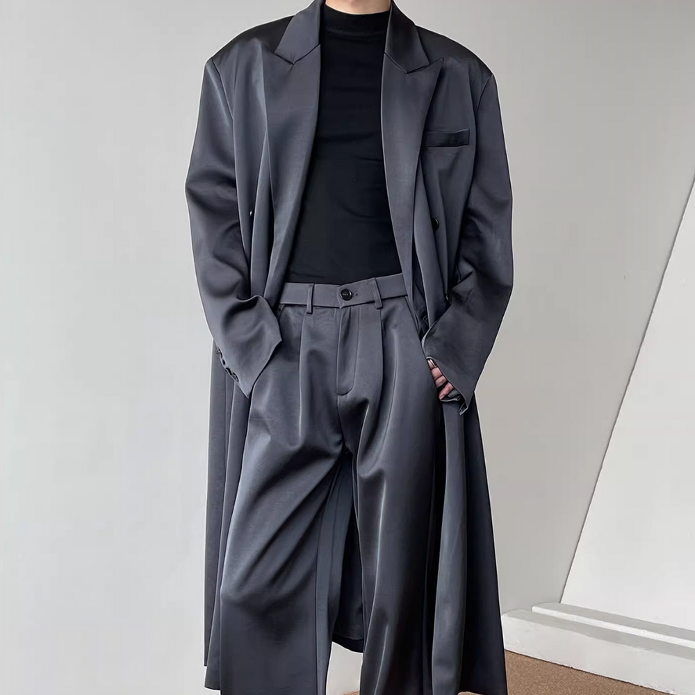 【極美品】Aguastum コート ジャケット ダブルブレスト グレー　LL 12.3新作】ダブルブレストサテンロングコート mf3598【韓国モード