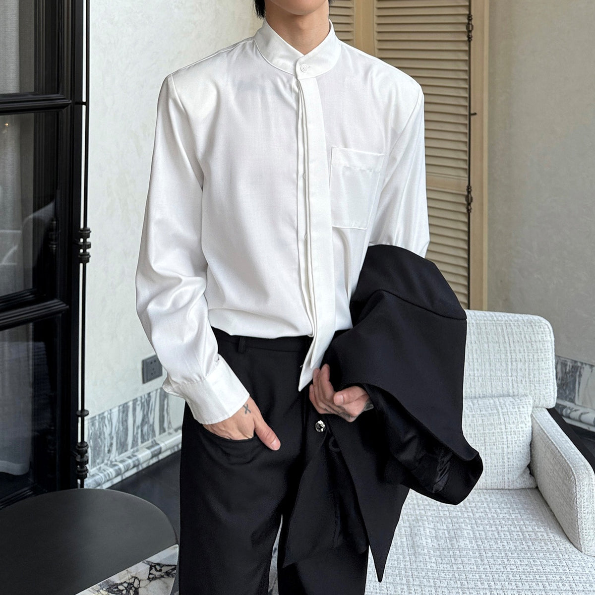 ハイネックタイデザインクラシカルシャツ mf3231【韓国モード ハイネックタイデザインクラシカルシャツ mf3231【韓国モード