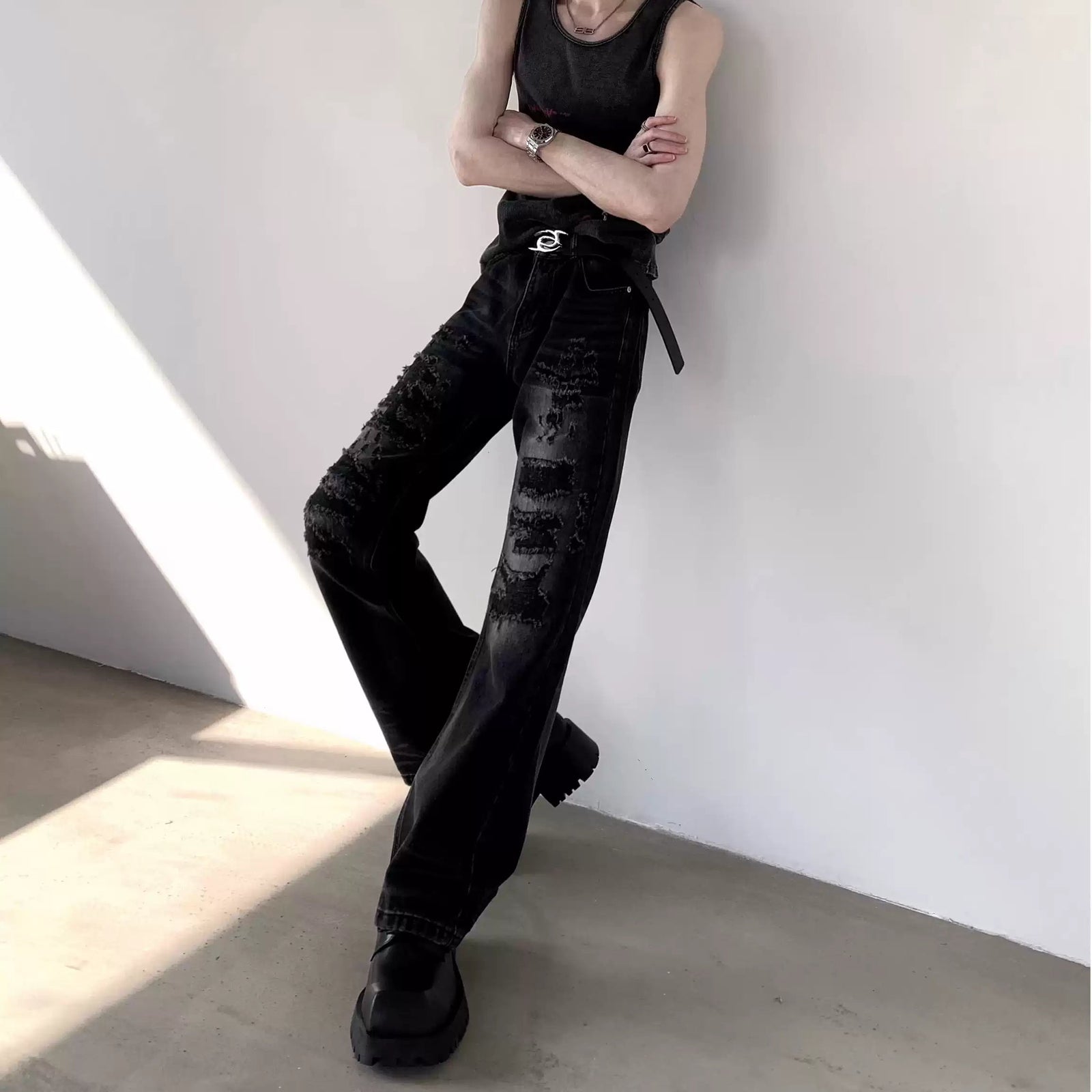 ダークトーン セミフレア デニム 韓国 モード パンツ 冬 nr7834 タックワイドデニムパンツレディース韓国風[品番：II000011815