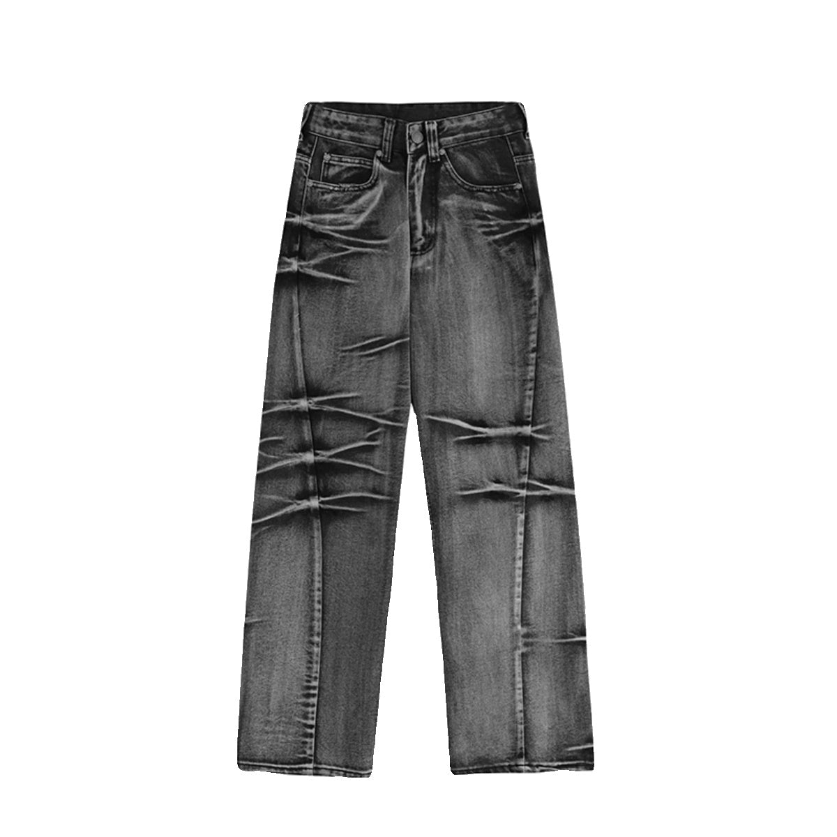 メンズのグレーブラックデニムパンツ。ウエスト部分に段階的な紐ディテール、両脚に水平の編み込みパターンが入るアシンメトリーデザイン。ストレートシルエット。