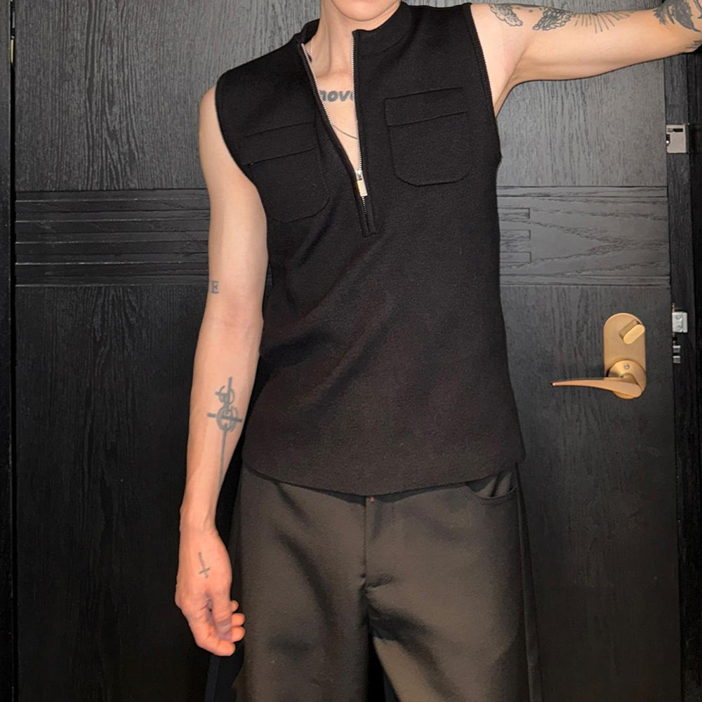 ブラックノースリーブトップス　NITTO ノースリーブジップアップニットトップス mf3241【韓国モード