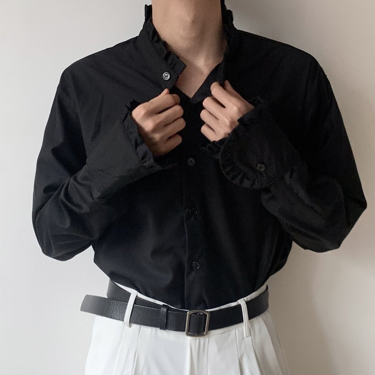 メンズ フリル シャツ モノトーン 春秋 韓国スタイル org.jpg