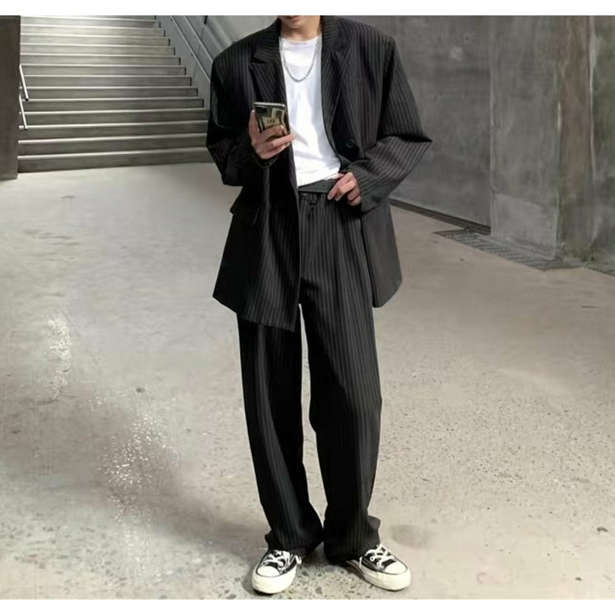 美品■NO ID. BLACK セットアップ ブラック×ストライプ ストライプルーズセットアップ mf0008【韓国モードファッション】